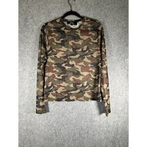 Nina Parker Top Women 1X Green Camo Sheer‎ Mesh Blouse Long Sleeve Stretch